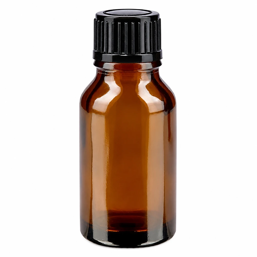 Flacon de pharmacie brun de 15 ml avec bouchon compte-gouttes noir de 1 mm, en verre brun