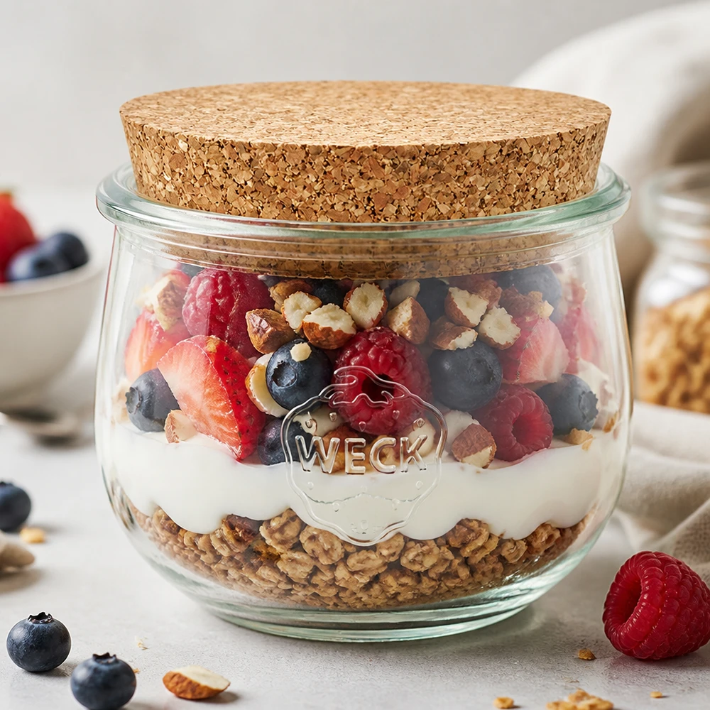 580ml bocal tulipe WECK RR100 avec bouchon nature WECK Pot tulipe 580ml avec couvercle en liège comme pot à céréales rempli de yaourt, de baies et de noix Petit déjeuner en pot