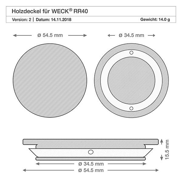 Couvercle en bois RR40 WECK Dessin technique du couvercle en bois WECK RR40 avec dimensions Diamètre 54,5mm et 34,5mm Hauteur 5mm Poids 14g