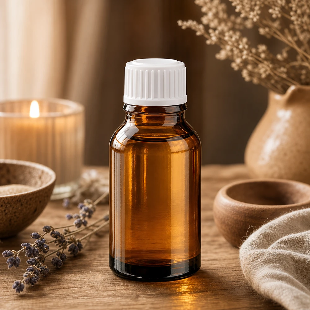 Flacon compte-gouttes de 15 ml, couleur ambre, avec bouchon doseur blanc pour huiles essentielles