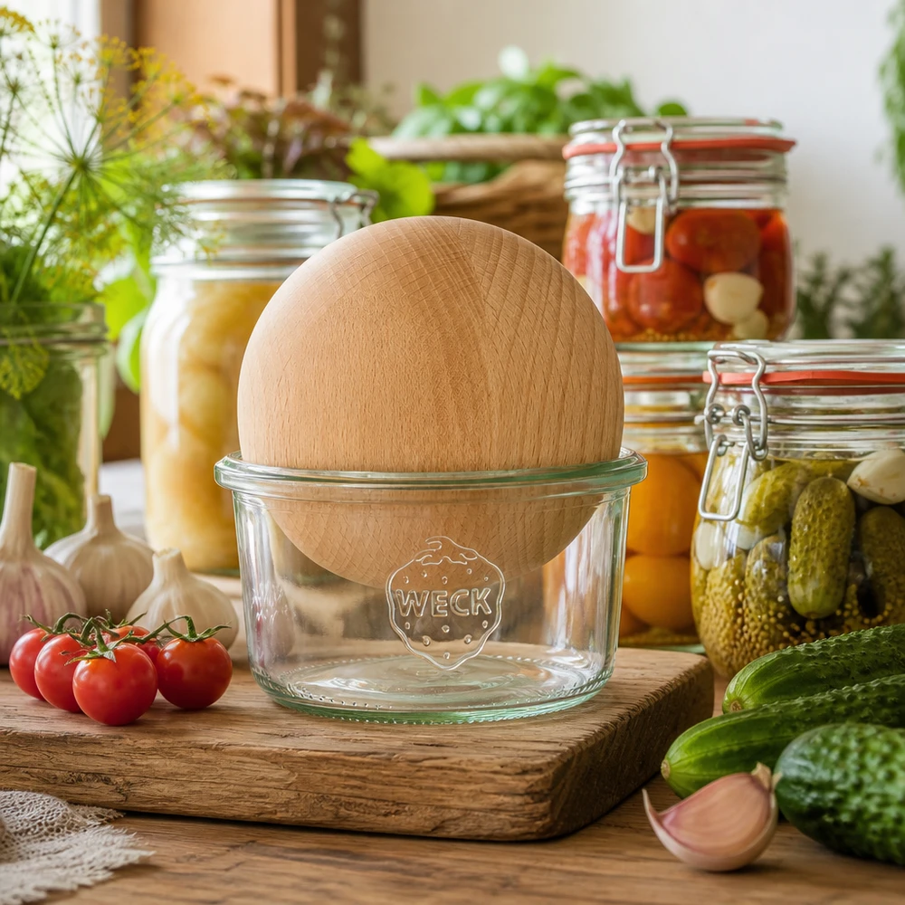 165ml bocal conique WECK RR80 avec boule en bois en hêtre WECK Pot renversé RR80 165ml avec boule en bois de hêtre dans une cuisine rustique entre les bocaux et les légumes frais