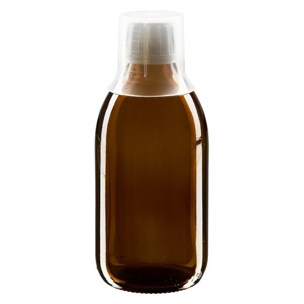 Flacon médical norme européenne de 250 ml, avec bouchon à vis blanc et gobelet doseur de 30 ml