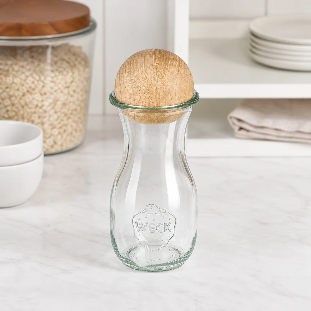 WECK Bouteille en verre 290ml RR60 avec boule en bois de hêtre dans une cuisine blanche à côté de bocaux à provisions et d'une pile de vaisselle