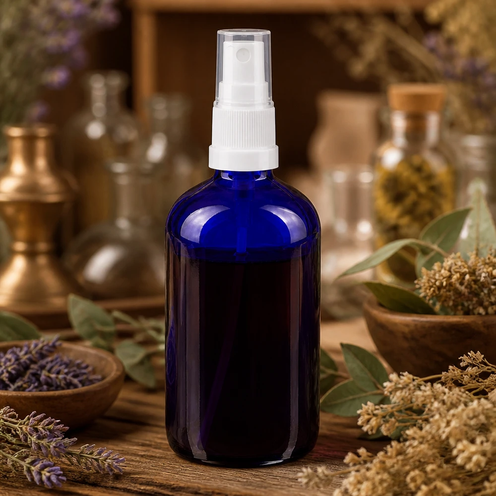 Flacon de pharmacie bleu 100ml embout spray blanc Flacon pulvérisateur de pharmacie bleu de 100 ml, en verre anti-UV, avec pompe blanche, pour huiles essentielles