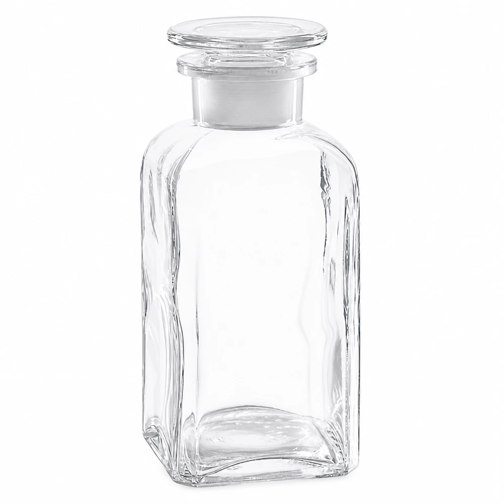 Flacon carré col large 350 ml + bouchon RIN, verre clair Bouteille carrée transparente de 350 ml avec bouchon en verre, à col large, en verre transparent de haute qualité