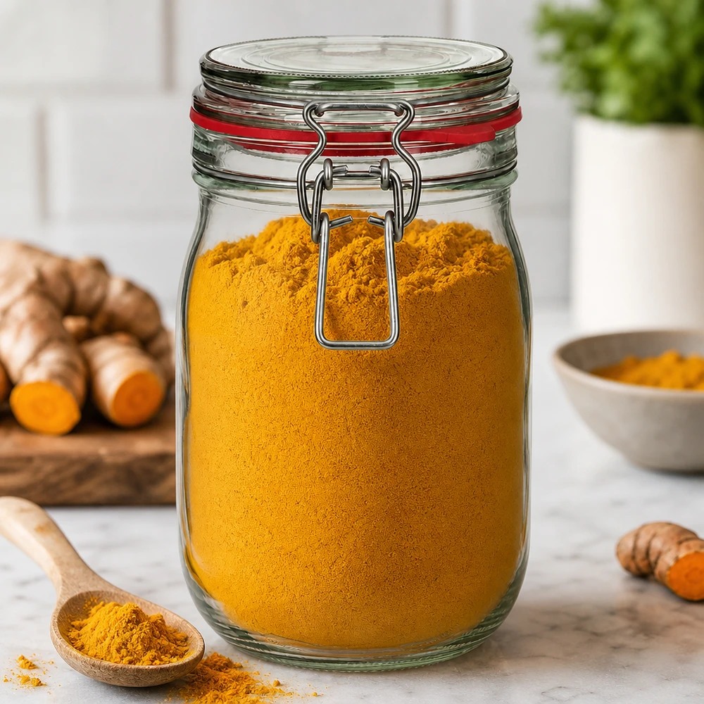Bocal de conservation de 1 140 ml, type G, avec bouchon à clip UN.. Bocal de 1140 ml rempli de poudre de curcuma montre une conservation idéale des épices