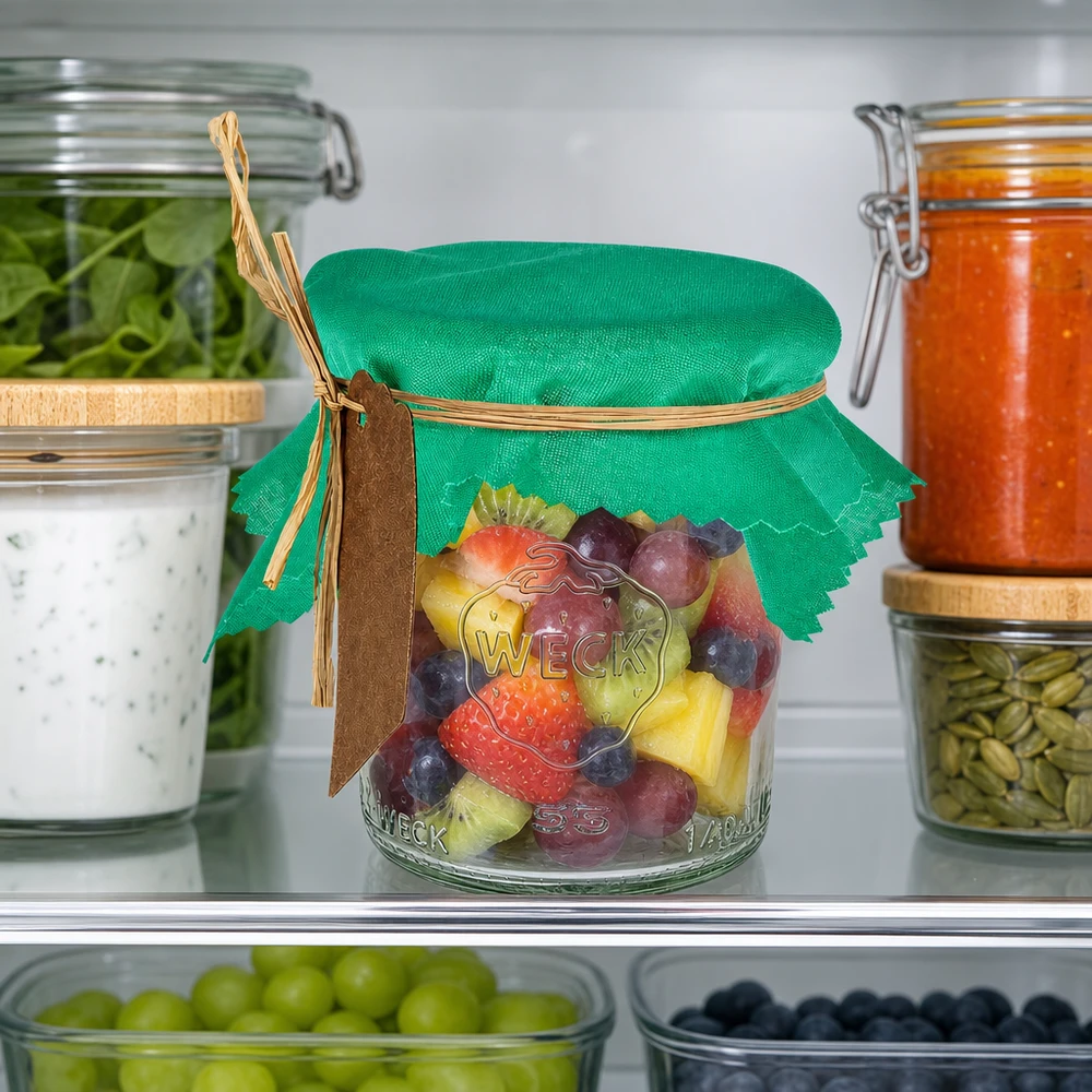 Tissu napperon pour décoratif verte 12cm carré Cache-bijoux en tissu vert 12cm carré sur salade de fruits bocal dans le réfrigérateur entre les récipients de stockage