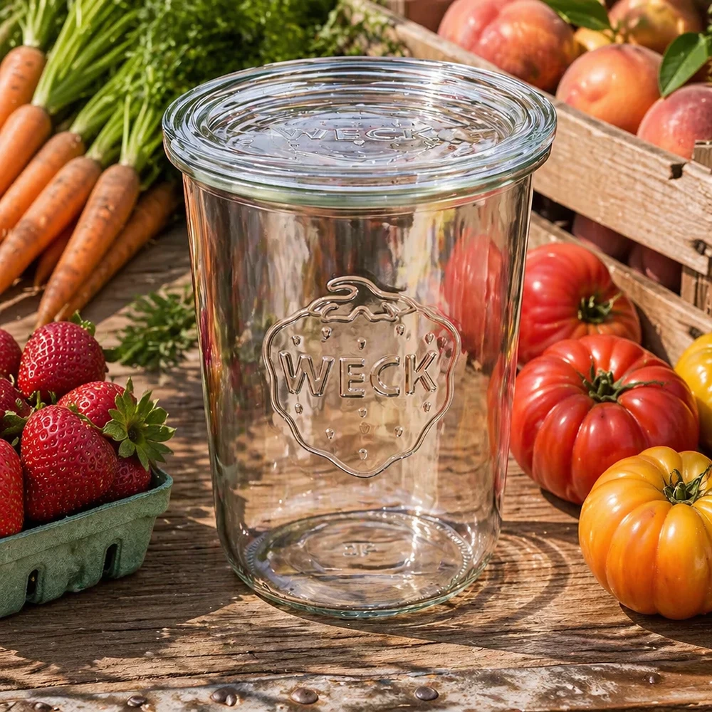 Bocal en verre de 850 ml avec couvercle en verre WECK RR100 WECK Pot renversé 850ml RR100 entouré de légumes frais et de fruits montre une utilisation polyvalente pour la préparation des repas et la conservation des aliments.