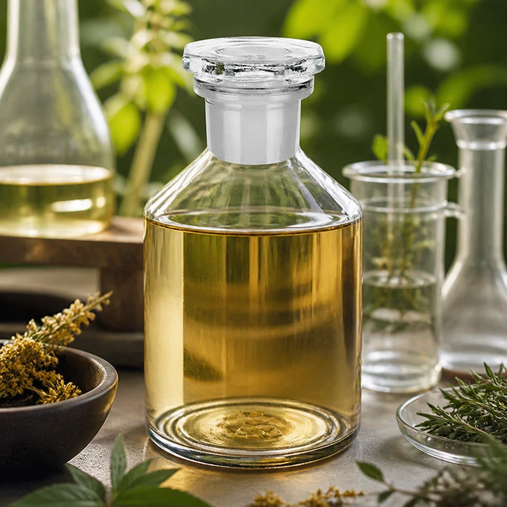 Flacon transparent à parois droites de 50 ml, à col étroit, muni d'un bouchon en verre et contenant un liquide jaune doré