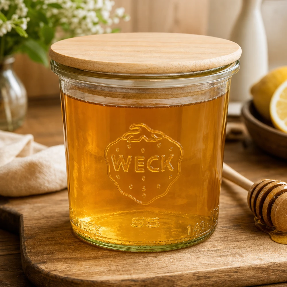 WECK Pot renversé 140ml RR60 rempli de miel avec couvercle en bois montre la polyvalence pour les tartines sucrées