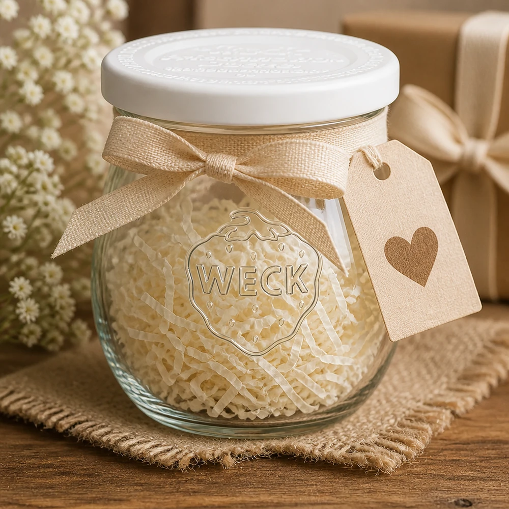 Bocal en forme de tulipe de 220 ml avec couvercle hermétique WECK RR60 WECK Pot tulipe 220ml RR60 décoratif avec ruban et pendentif en forme de cœur - Idée cadeau pot rustique
