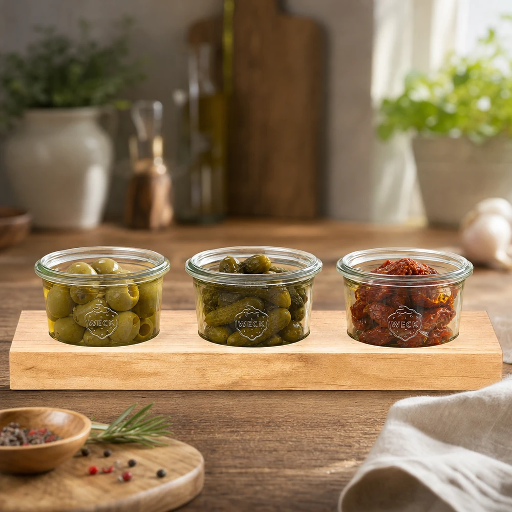 Plateau de service Plano3 avec 3 bocaux Weck de 80 ml Planche de service en bois élégante avec 3 bocaux Weck remplis d'olives et de tomates séchées dans une cuisine moderne