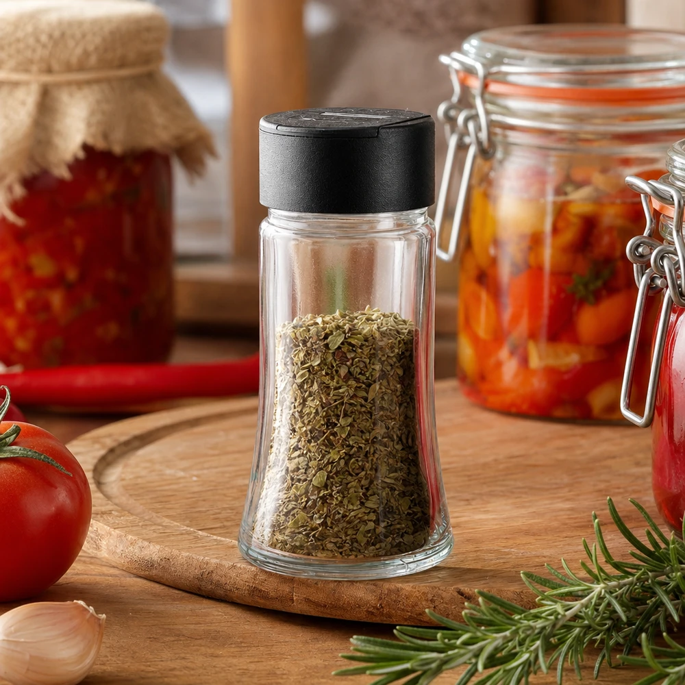 Pot à épices de 95 ml rempli d'origan, muni d'un saupoudreur double noir, posé sur une planche en bois décorée de tomates
