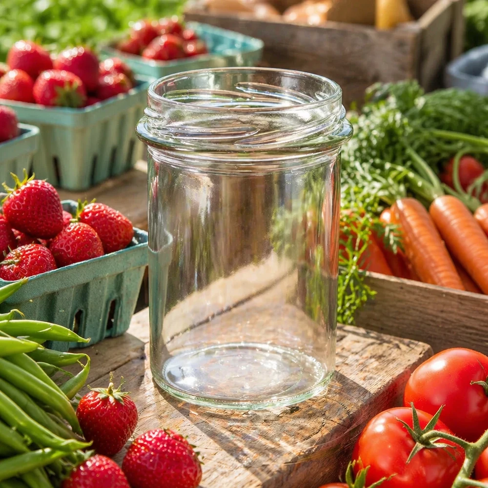 230ml Verre conique sans couvercle (TO66) UNiTWIST UNiTWIST Sturz230 Verre renversé 230ml TO66 Pot de conserve vide sur planche en bois entouré de fraises fraîches Tomates Carottes