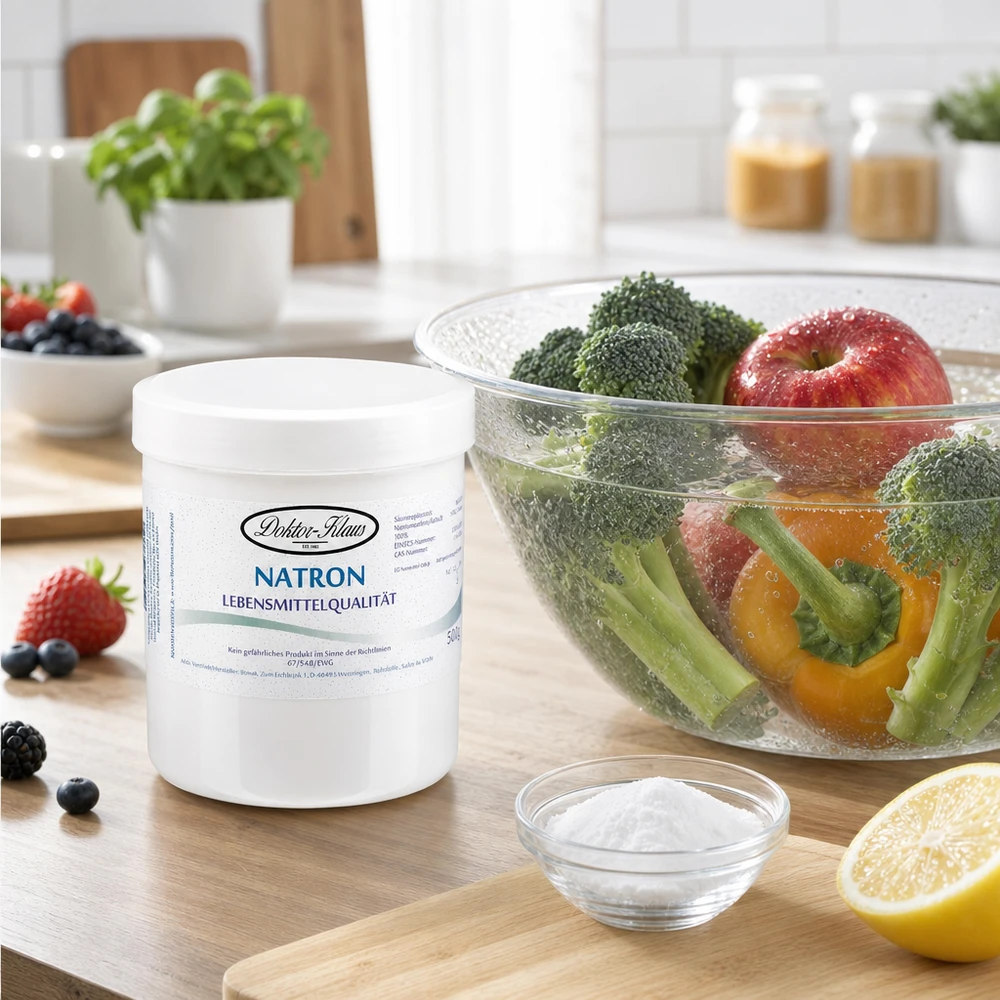 Bicarbonate de soude blanc Docteur Klaus 500g de poudre dans une boîte de conservation pratique pour le ménage