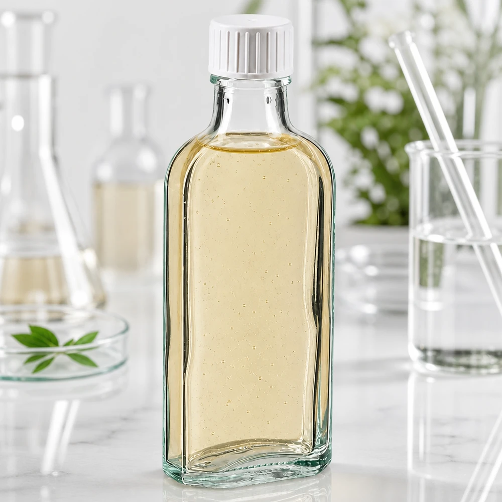 Flasque transparente de 100 ml au goulot DIN 22, avec bouchon à vis DIN 22 blanc et bague anti-gouttes Flacon en verre Meplat plat de 100 ml avec bouchon à vis, contenant un extrait naturel jaune, dans un décor de laboratoire