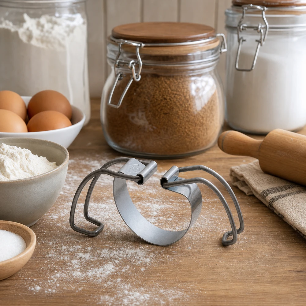 Support de cuisson RR100 Cintre de mise en conserve RR100 dans un environnement de cuisine avec des ingrédients de cuisson, de la farine, des œufs et des bocaux de stockage sur un plan de travail en bois