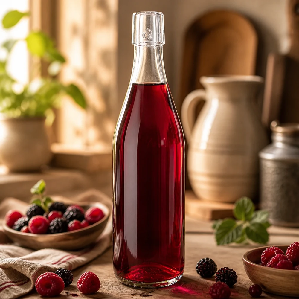 Bouteille en verre de 500 ml UNiTWIST remplie de jus de baies rouges pour une application lifestyle dans une cuisine rustique