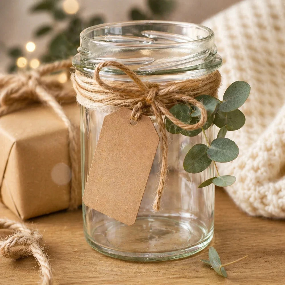230ml Verre conique sans couvercle (TO66) UNiTWIST Verre renversé vide 230ml TO66 décoré avec une étiquette cadeau en jute et de l'eucalyptus sur une table en bois