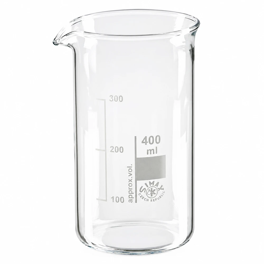 Bécher 400ml en verre borosilicate résistant à la chaleur (forme haute) Bécher de 400 ml, modèle haut, en verre borosilicaté, avec graduation, de la marque SIMAX Czech Republic