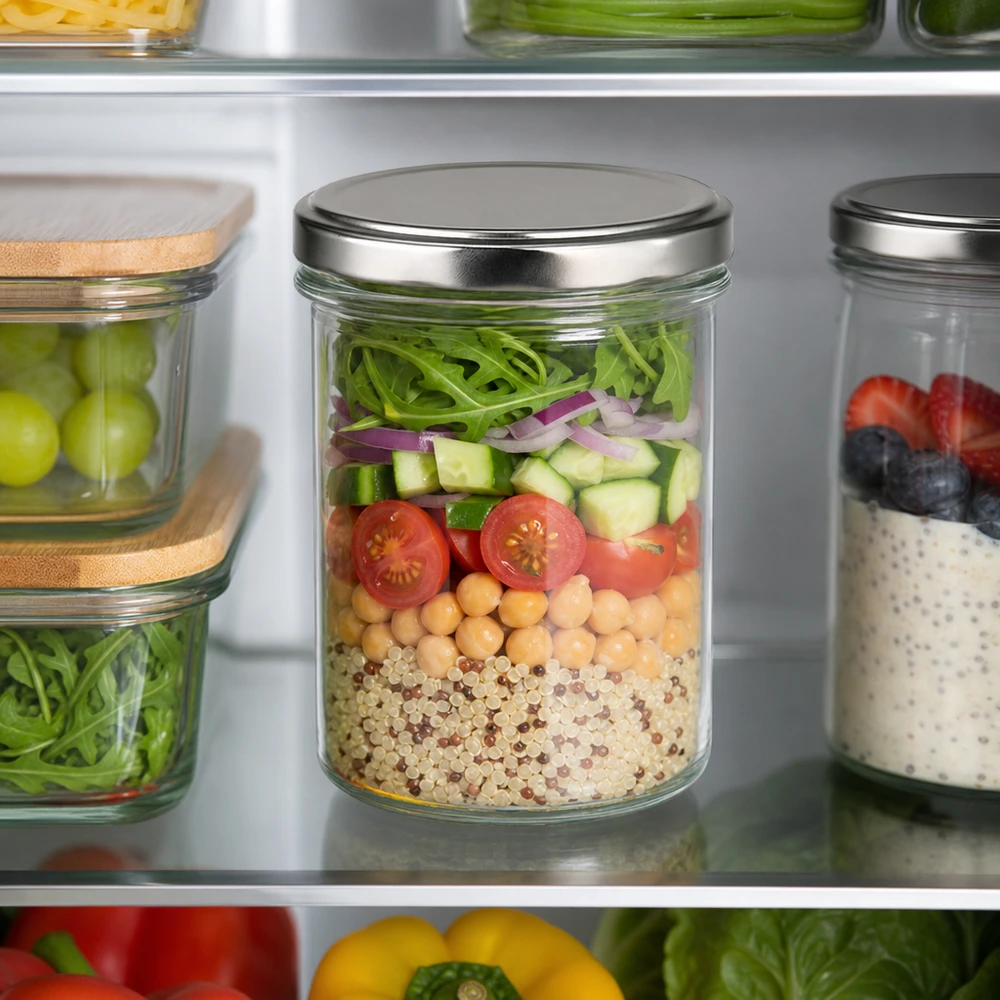 Pot renversé de 350ml avec couvercle argenté dans le réfrigérateur rempli de salade quinoa pois chiches Meal Prep Bocal de réserve