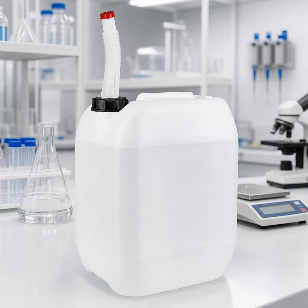 Bidon de laboratoire de 10 litres avec bec verseur flexible, destiné à un usage professionnel en laboratoire