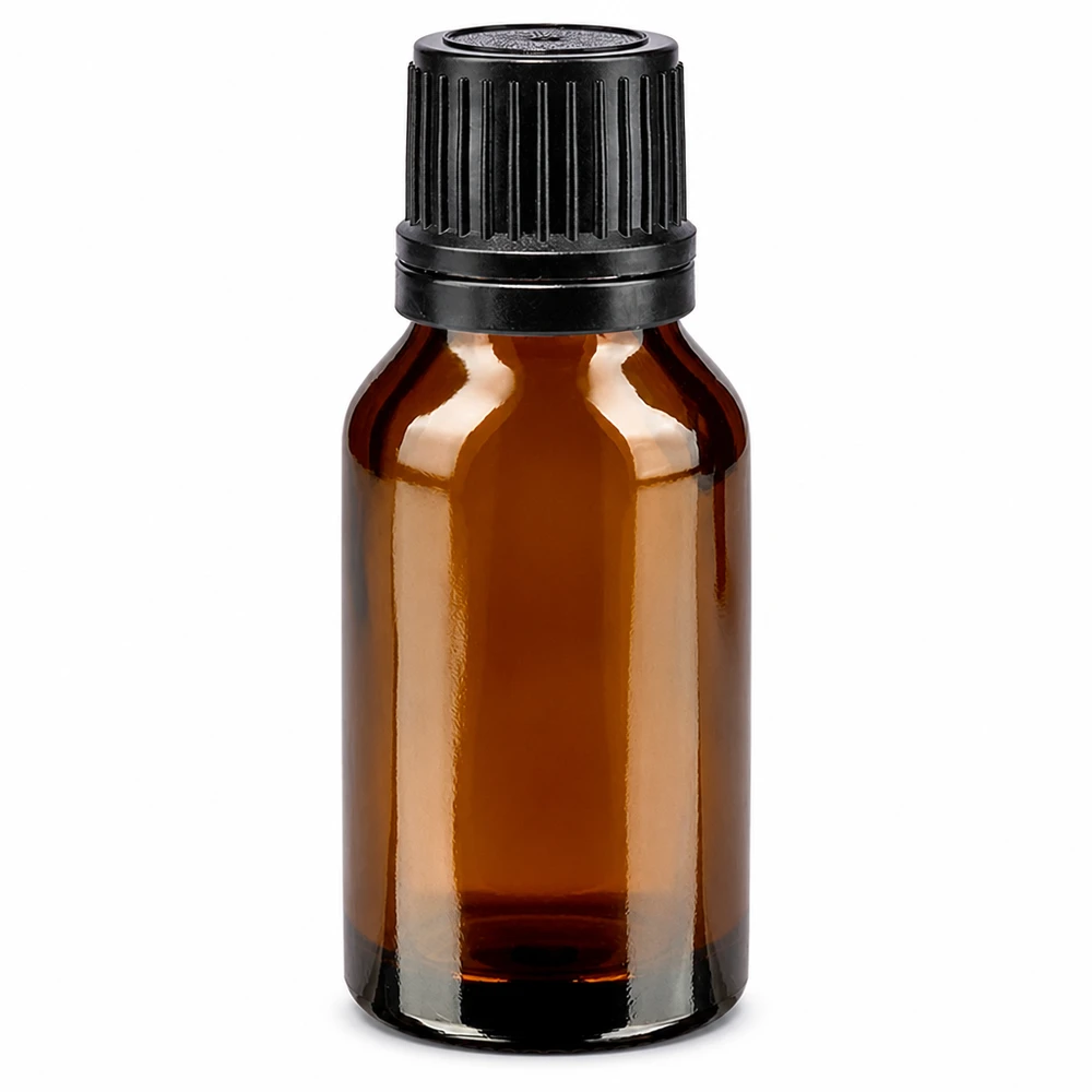Flacon de pharmacie brun de 15 ml avec bouchon à vis noir et anneau verseur en verre brun