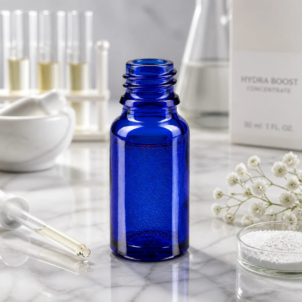 Flacon 10 ml DIN18 - verre bleu Flacon professionnel en verre bleu 10ml ApoGlas avec remplissage précis pour les pharmacies
