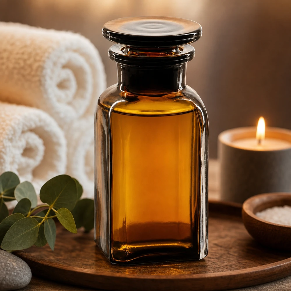 Flacon carré col large 100 ml + bouchon RIN, verre ambré Flacon d'huile d'aromathérapie de 100 ml en verre carré brun avec bouchon en verre, présenté sur un plateau en bois