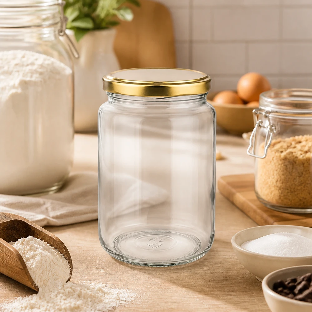 795ml Verre rond avec couvercle BasicSeal or UNiTWIST Bocal rond vide de 795 ml avec couvercle BasicSeal doré dans une ambiance de cuisine avec farine et ingrédients de cuisson sur une planche en bois