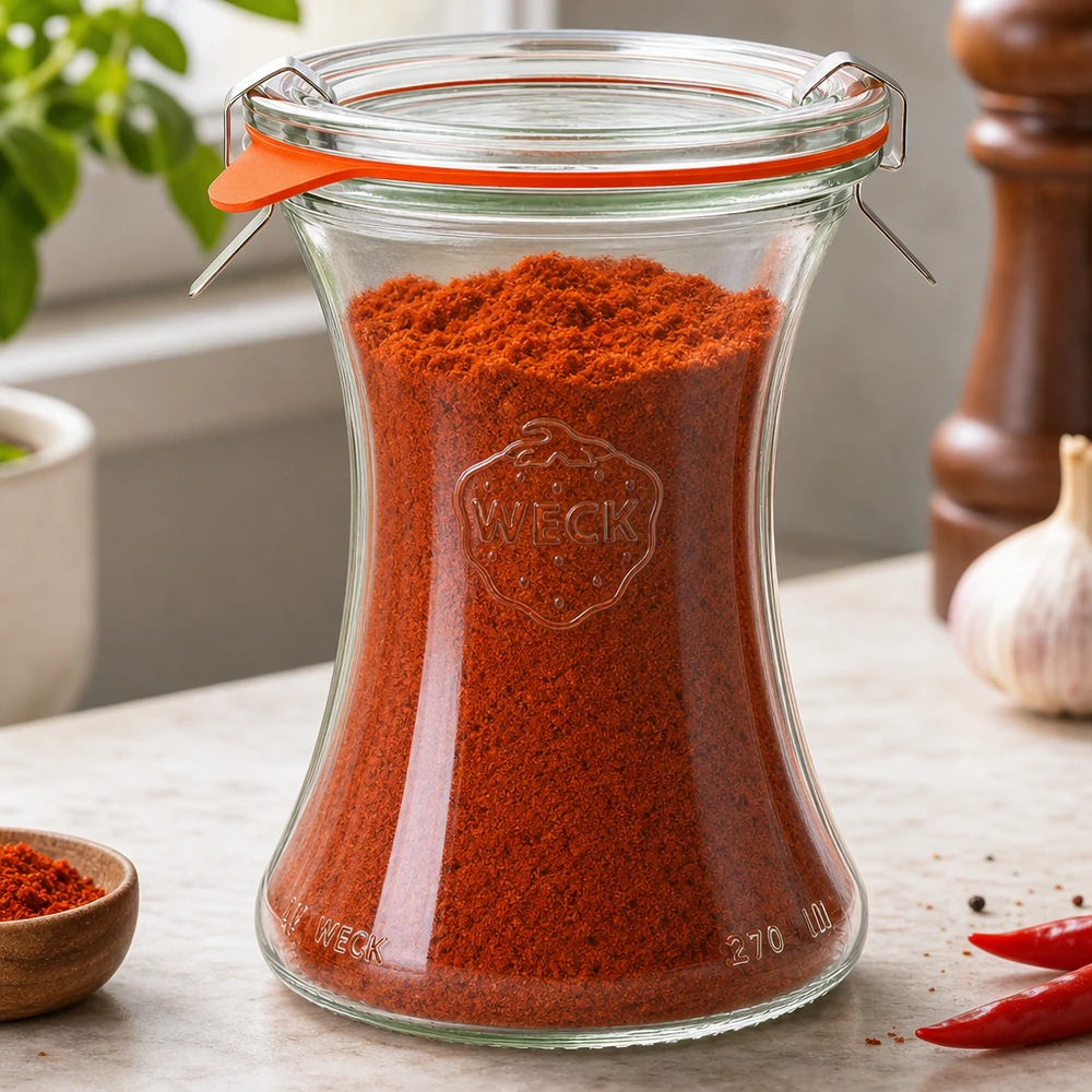 WECK Pot pour délicatesses 370ml RR80 rempli de poudre de paprika rouge Conservation des épices dans l'environnement de la cuisine