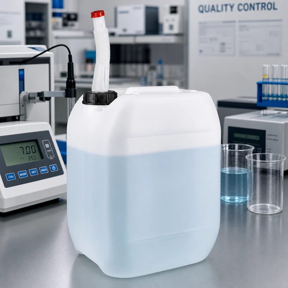 Un bidon de 10 litres à moitié rempli, muni d'un tuyau de vidange flexible, à côté d'un pH-mètre et de béchers dans le laboratoire