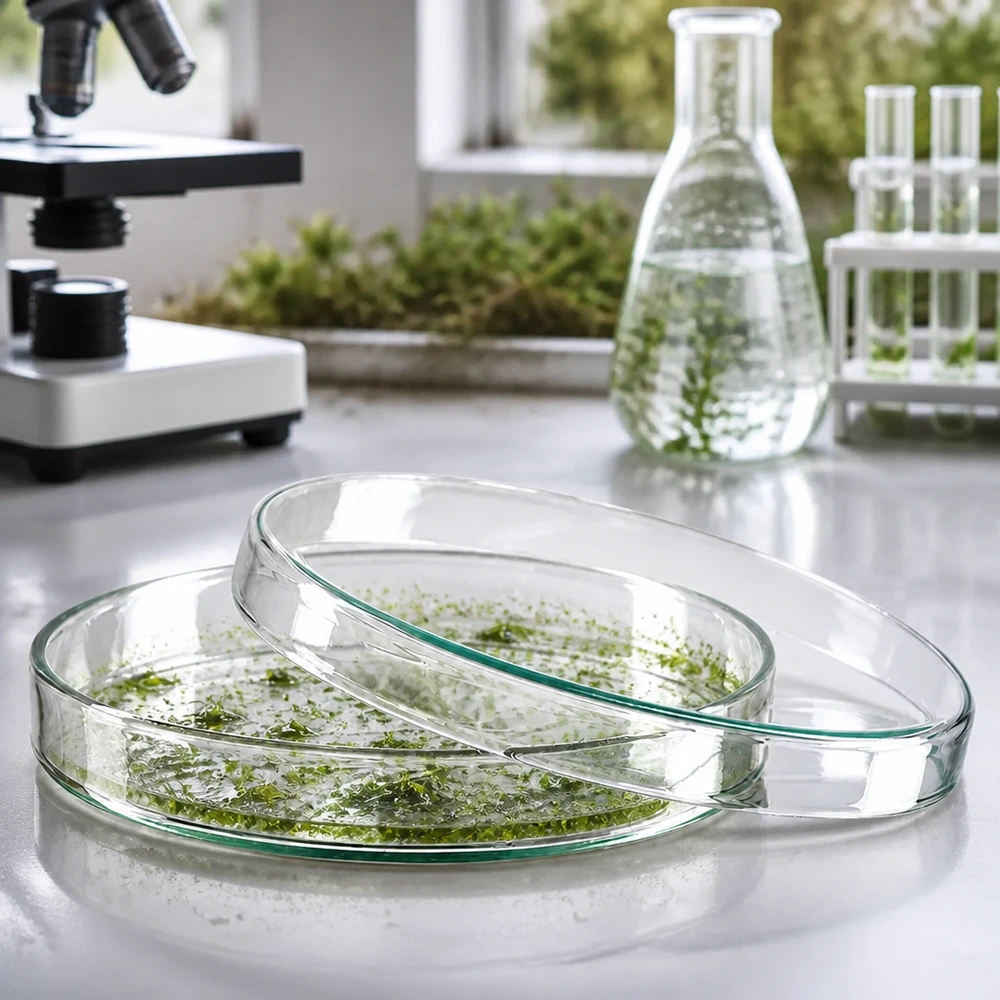 Boîte de Pétri de 120 x 20 mm en verre borosilicaté contenant des cultures d'algues vertes, posée sur un plan de travail de laboratoire argenté