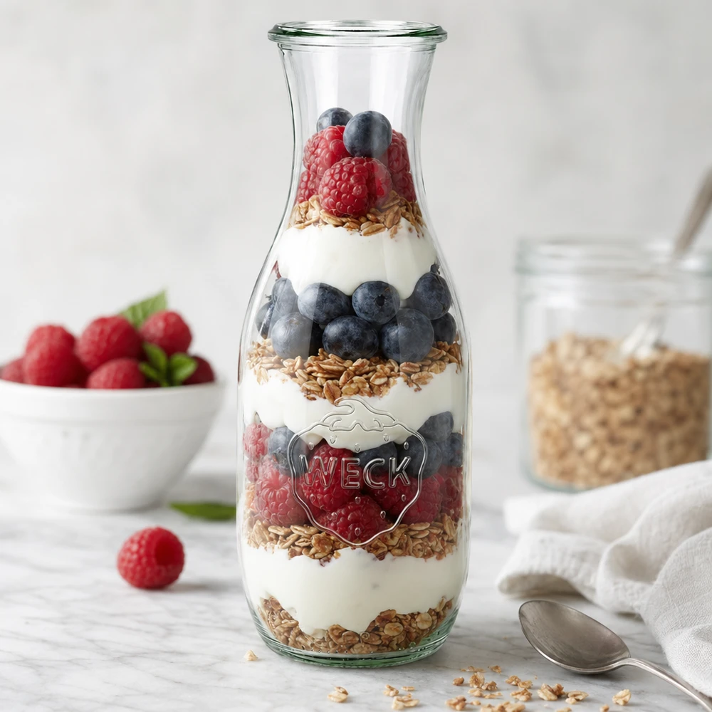 Bouteille à jus WECK RR60 de 1 062 ml WECK Bouteille de jus 1062ml RR60 comme verre à parfait avec yaourt baies granola en couches à côté de cuillères et de fruits