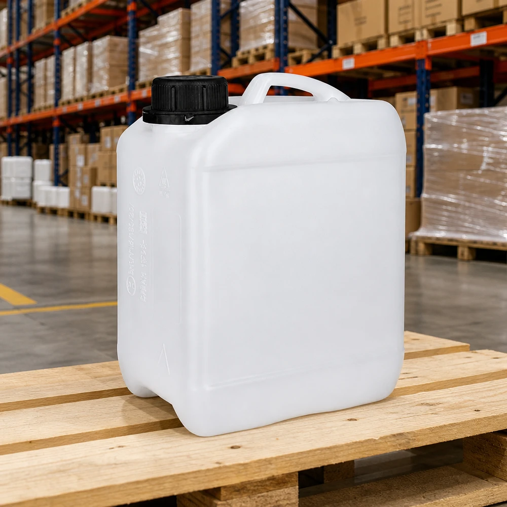 Bidon de 2.5 litres avec bouchon vissable bouchon d'inviolabilité Bidon rectangulaire en PEHD de 2,5 L, blanc, au design à larges épaules et doté d'une poignée de transport ergonomique