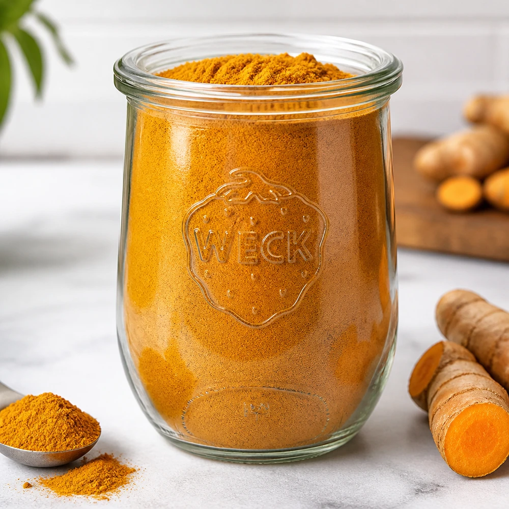 1062ml bocal tulipe avec bouchon en verre WECK RR100 WECK Pot tulipe 1062ml RR100 rempli de poudre de curcuma à côté de racines de curcuma fraîches Conservation d'épices cuisine