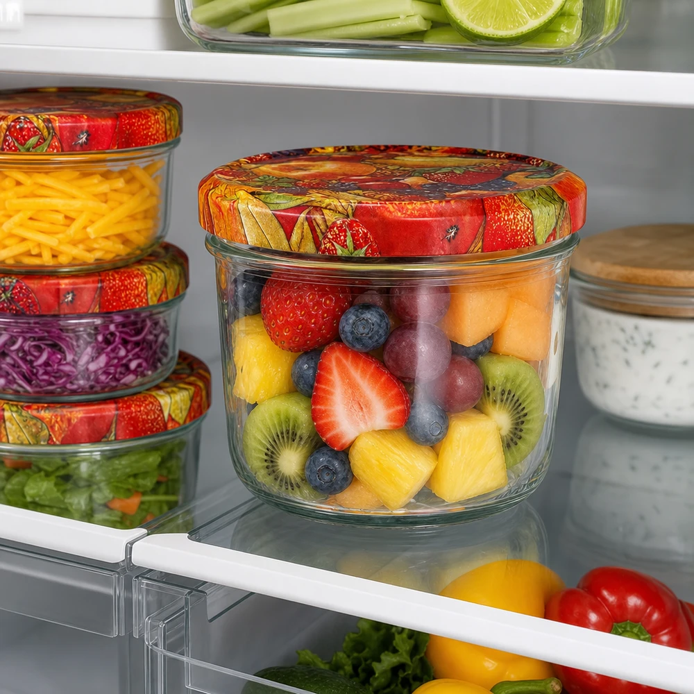 230ml Verre conique avec couvercle BasicSeal décor fruits UNiTWIST Verre renversé de 230 ml avec couvercle coloré BasicSeal décor fruits rempli de salade de fruits frais conservée au réfrigérateur