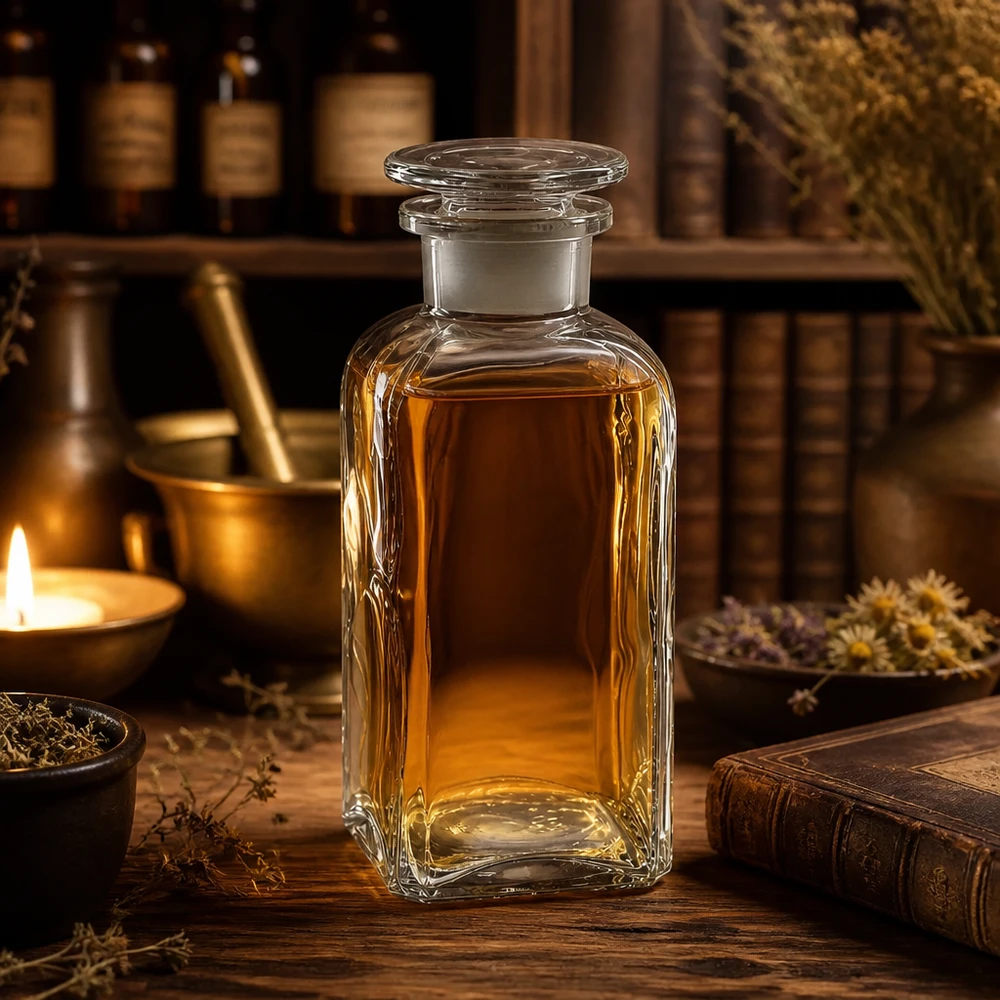 Flacon de pharmacie de 350 ml, à col large et de forme carrée, avec bouchon en verre, pour huiles et teintures