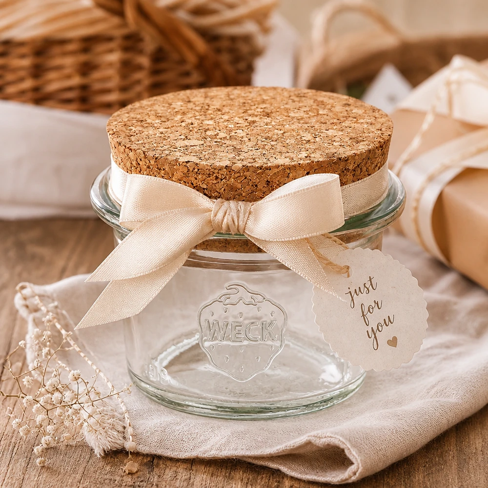WECK Pot renversé RR40 35ml avec bouchon comme emballage cadeau avec ruban et pendentif arrangé de manière décorative