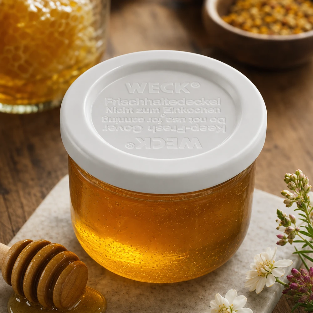 Couvercle fraîcheur WECK RR40 WECK Couvercle fraîcheur RR40 avec pot à miel et nid d'abeille - conservation naturelle des aliments avec décoration florale