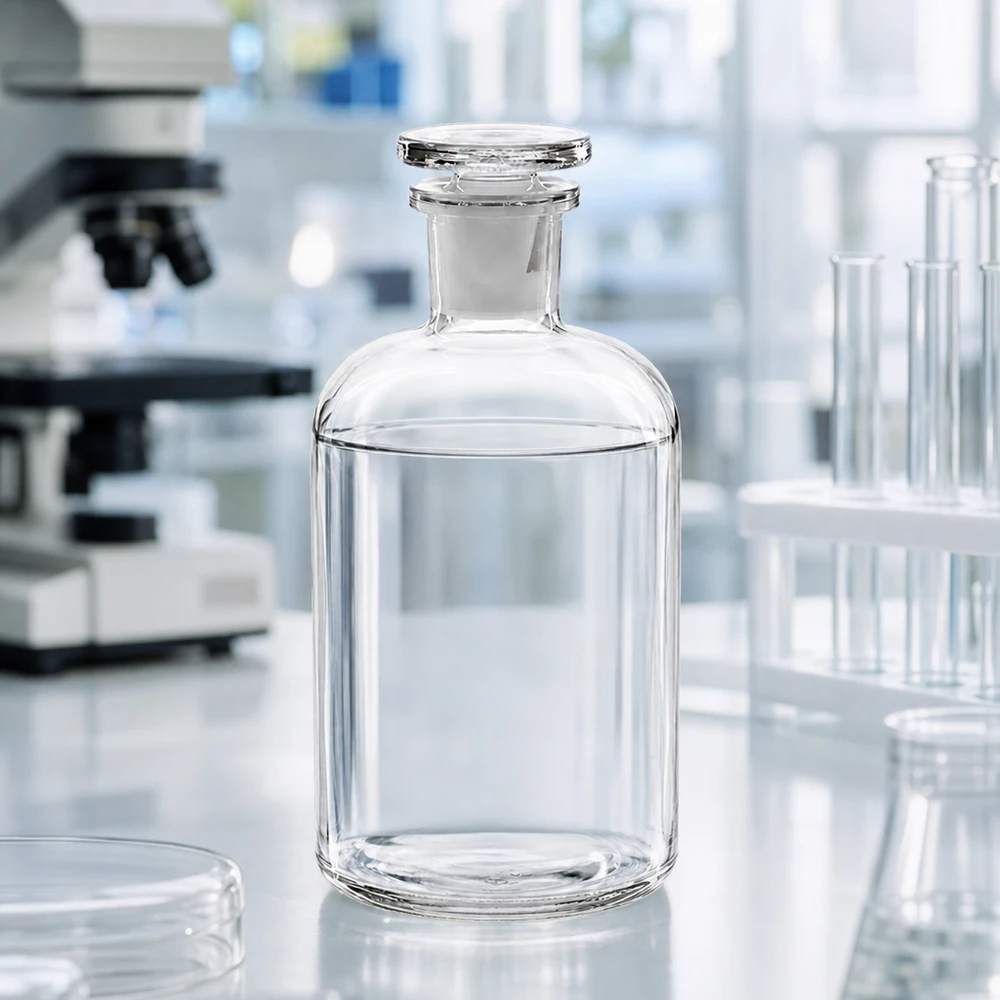 Flacon de laboratoire transparent de 500 ml à col étroit, muni d'un bouchon en verre, posé sur une paillasse blanche