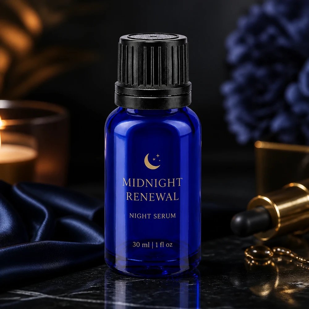 Flacon de pharmacie bleu 10ml bouchon vissable noir bague de coulée bouchon d'inviolabilité Flacon de pharmacie bleu de 10 ml avec bouchon OV noir, posé sur du marbre foncé recouvert d'un tissu en soie