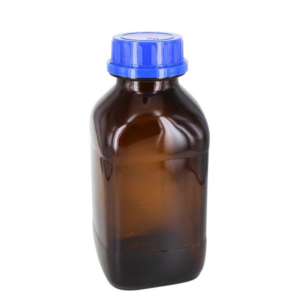 Flacon carré à col large en verre ambré 1000 ml, avec bouchon à vis bleu de norme DIN 54, système d’inviolabilité et joint en PEE
