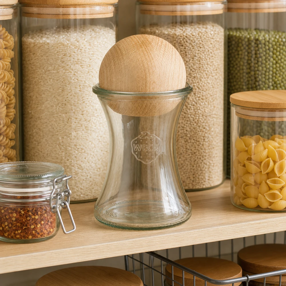 WECK Verre à délicatesse 370ml RR80 avec boule de hêtre dans étagère de réserve entre les bocaux remplis de riz pour pâtes