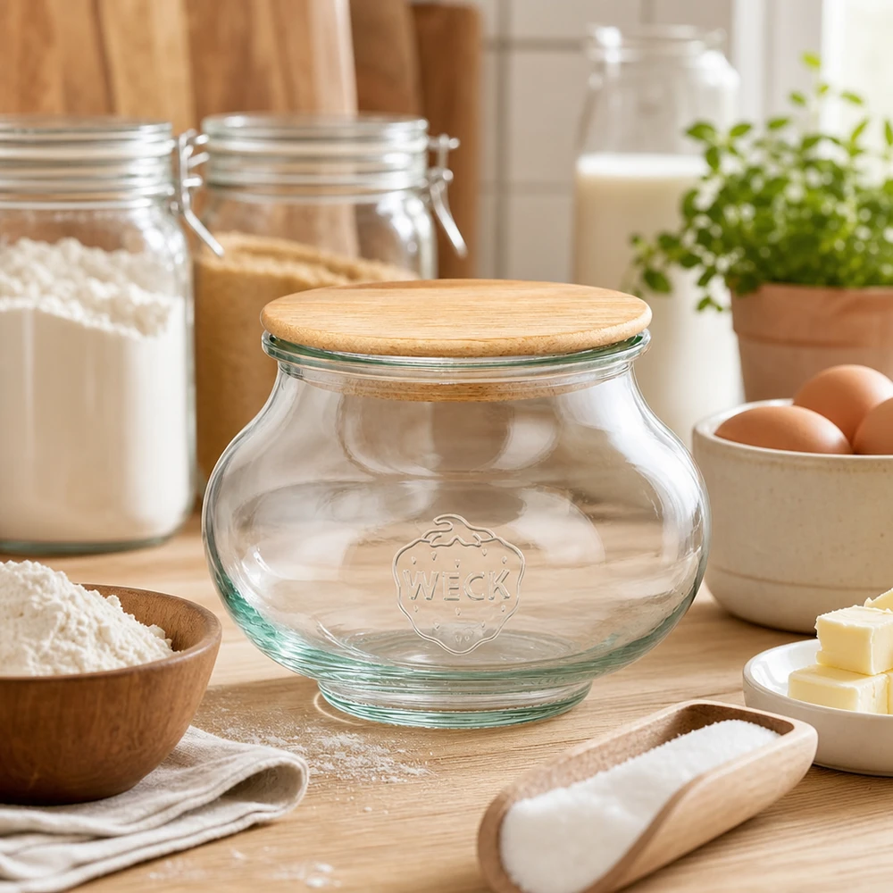 WECK Pot à bijoux 560ml RR80 avec couvercle en bois chêne entre les ingrédients de cuisson farine œufs beurre sur planche en bois cuisine