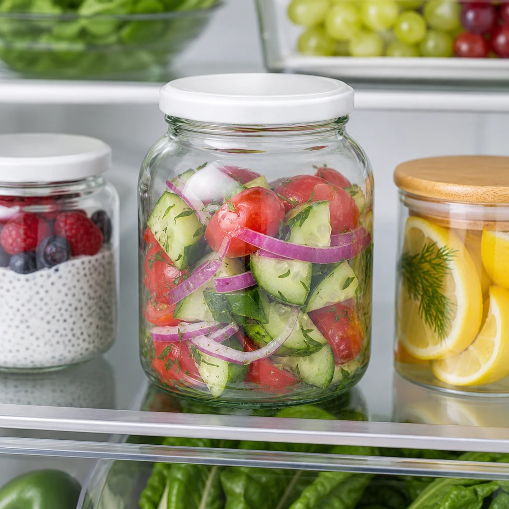 370ml Bocal ovale UNiTWIST avec couvercle blanc BasicSeal dans le réfrigérateur rempli de salade de légumes frais Conservation des aliments
