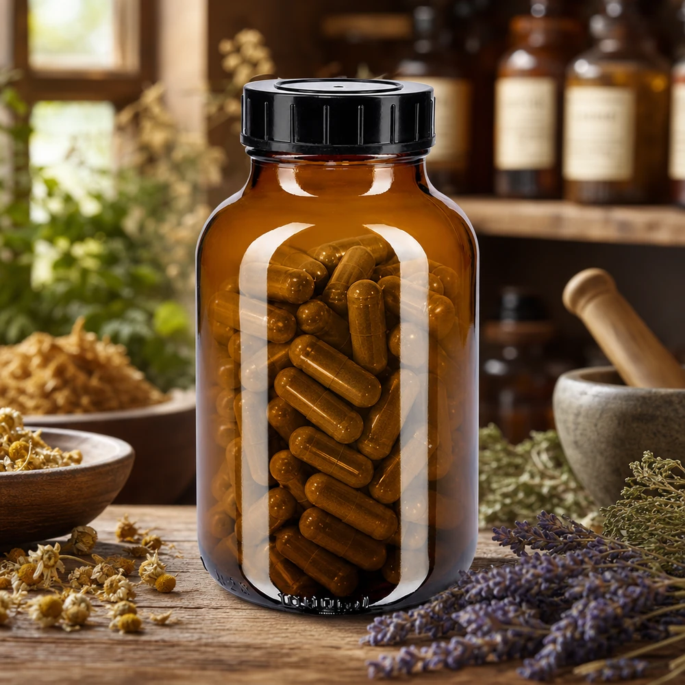 Bouteille brune 1000ml à col large avec bouchon à vis pour gélules et produits pharmaceutiques