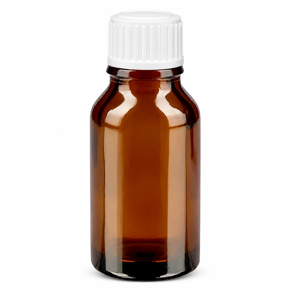 Flacon de pharmacie brun de 15 ml avec bouchon compte-gouttes blanc de 0,8 mm, en verre brun