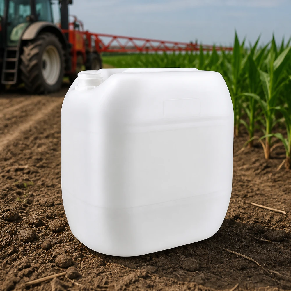 Jerrican de 30 litres sans bouchon Bidon agricole de 30 litres sans bouchon, utilisé devant un tracteur dans un champ de maïs