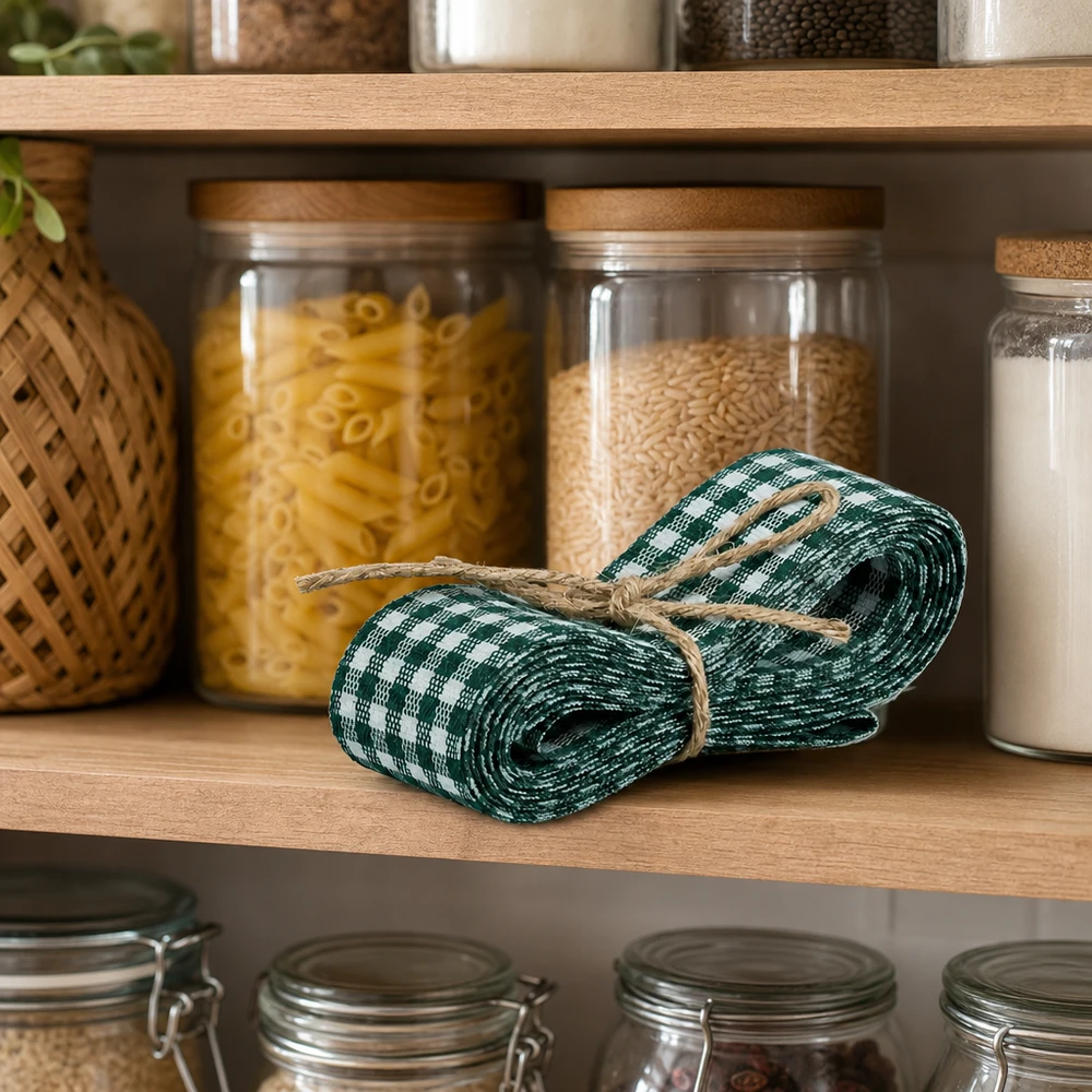 Ruban de tissu vert et blanc 300cm sur une étagère de cuisine entre des bocaux de stockage avec des pâtes et du riz comme décoration de cuisine